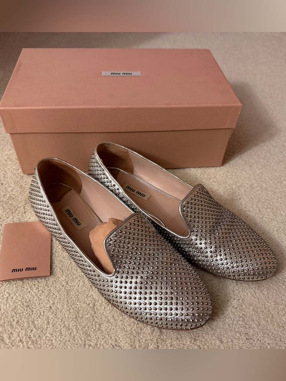 Miu Miu Silver Studded Leather Loafers